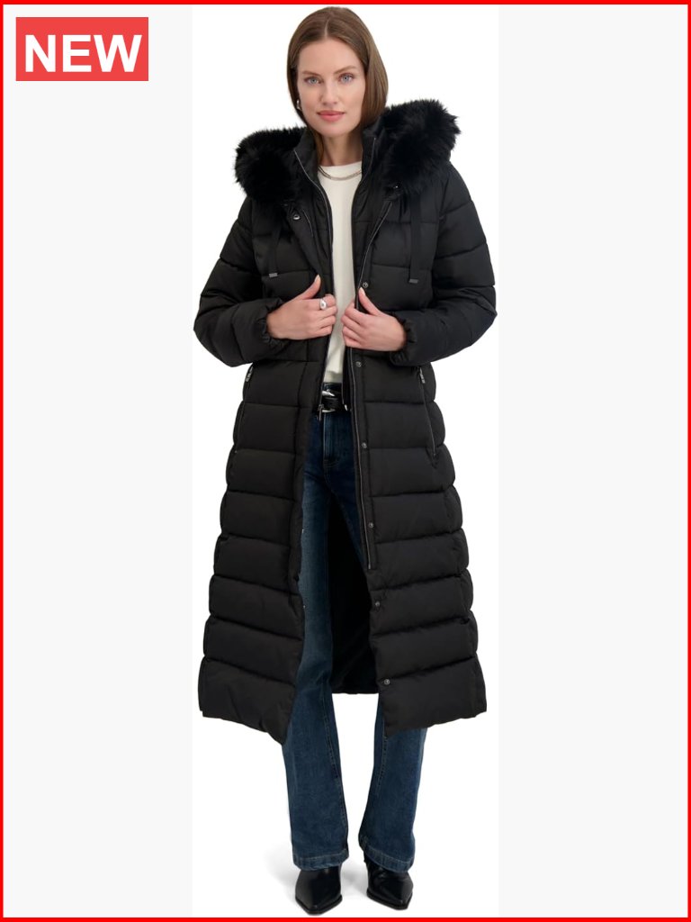 Maxi Puffer Coat, Attached Bib, Faux Fur Hood Trim, Hand Warmer Pockets